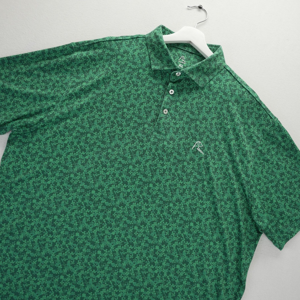 Rhoback Mens XL Green Shamrock Clover Performance Golf Polo Shirt Short Sleeve